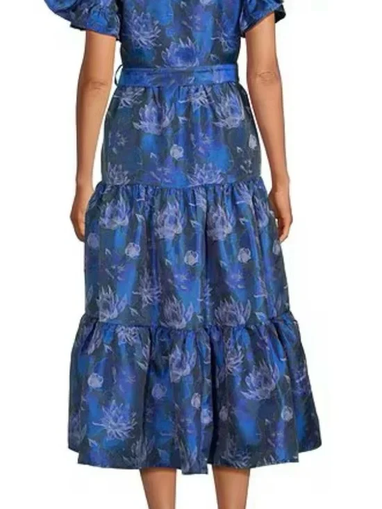 Blue jacquard Floral Tiered Midi Dress - Picture 2 of 11